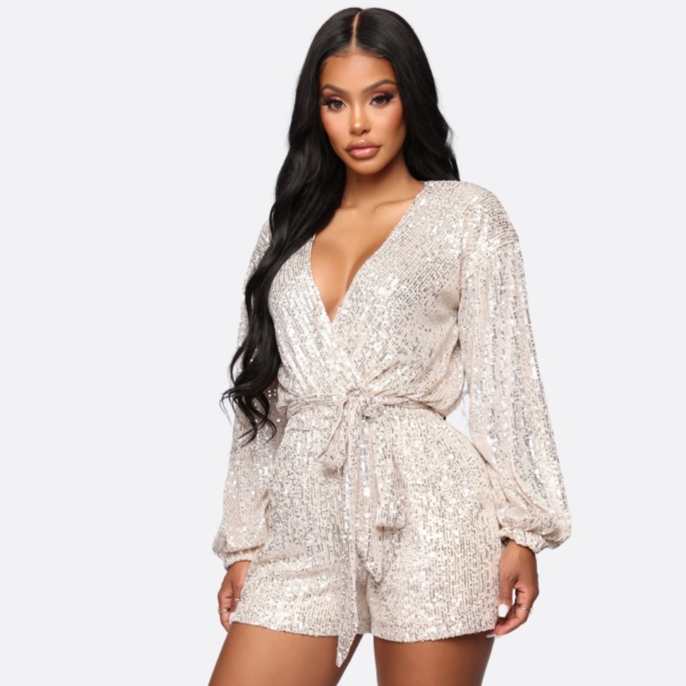 Fashion Nova - NTW - Diva Shine Sequin Romper - Silver Size XL